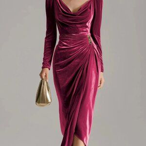 Stylish Vintage Luxury Deep V-Neck Long Velvet Dress